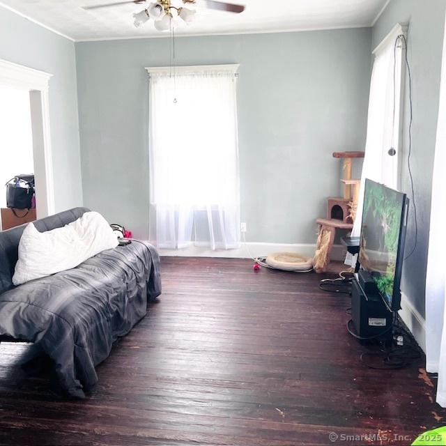 22 Webb St, Hamden, CT 06517 - bedroom featuring wood finished floors, ornamental molding, a ceiling fan, and baseboards