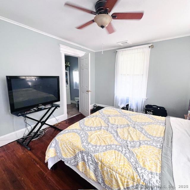 22 Webb St, Hamden, CT 06517 - bedroom featuring wood finished floors, baseboards, crown molding, and a ceiling fan