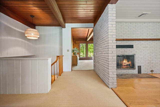 58 Lantern Ridge Rd, New Canaan, CT 06840 - corridor featuring carpet, wooden ceiling with exposed beams, and an upstairs landing