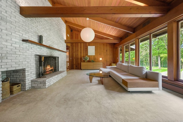 58 Lantern Ridge Rd, New Canaan, CT 06840 - living room with a brick fireplace, plenty of natural light, wooden ceiling, carpet, and wooden walls