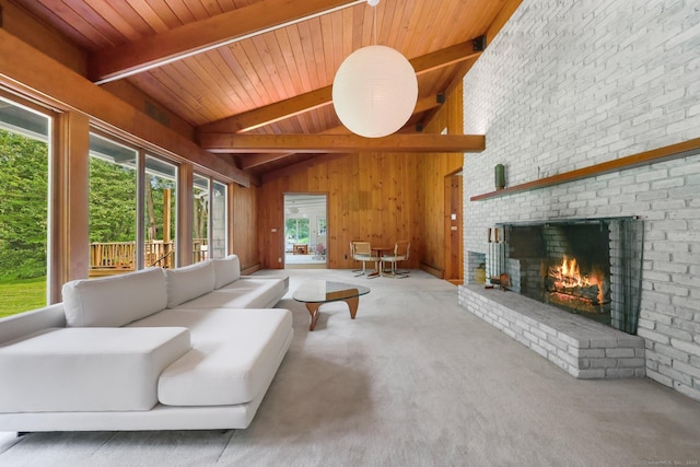 58 Lantern Ridge Rd, New Canaan, CT 06840 - carpeted living room with wooden ceiling, a brick fireplace, and wooden walls