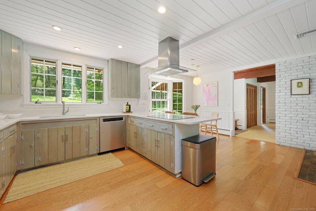 58 Lantern Ridge Rd, New Canaan, CT 06840 - kitchen with dishwasher, island range hood, a sink, light wood-type flooring, and wood ceiling