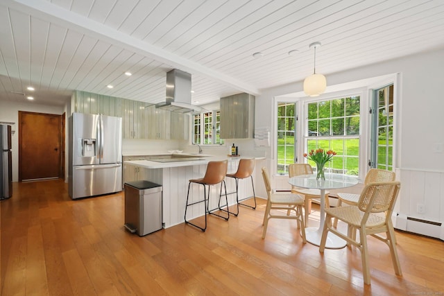 58 Lantern Ridge Rd, New Canaan, CT 06840 - kitchen with stainless steel refrigerator with ice dispenser, island range hood, a peninsula, wood-type flooring, and wooden ceiling