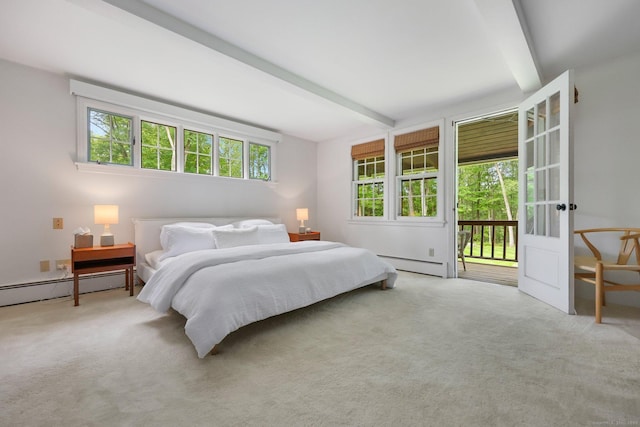 58 Lantern Ridge Rd, New Canaan, CT 06840 - bedroom with a baseboard radiator, carpet flooring, access to outside, and beam ceiling