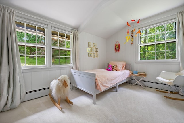 58 Lantern Ridge Rd, New Canaan, CT 06840 - bedroom featuring multiple windows, lofted ceiling, carpet flooring, and baseboard heating