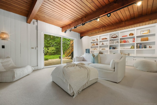 58 Lantern Ridge Rd, New Canaan, CT 06840 - bedroom with wood ceiling with exposed beams, access to outside, carpet floors, and track lighting