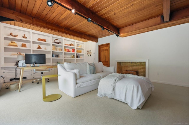 58 Lantern Ridge Rd, New Canaan, CT 06840 - carpeted living room with wooden ceiling with exposed beams, rail lighting, baseboards, and a brick fireplace
