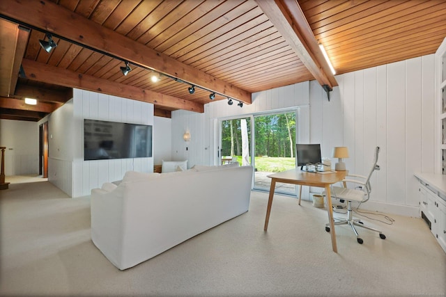 58 Lantern Ridge Rd, New Canaan, CT 06840 - carpeted living area with track lighting, wood ceiling with exposed beams, a desk, and wood walls