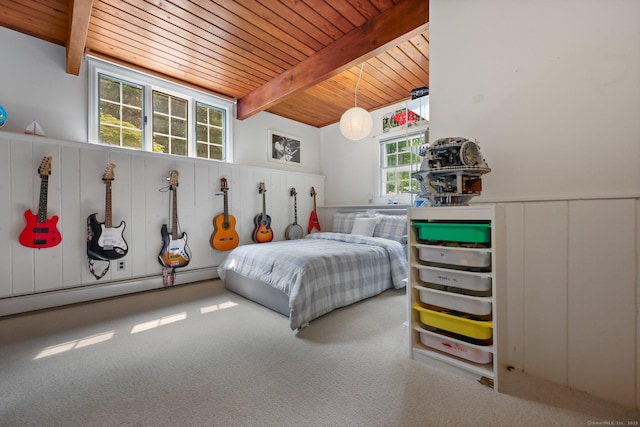 58 Lantern Ridge Rd, New Canaan, CT 06840 - bedroom with wood ceiling with exposed beams, wainscoting, carpet flooring, a baseboard radiator, and a decorative wall