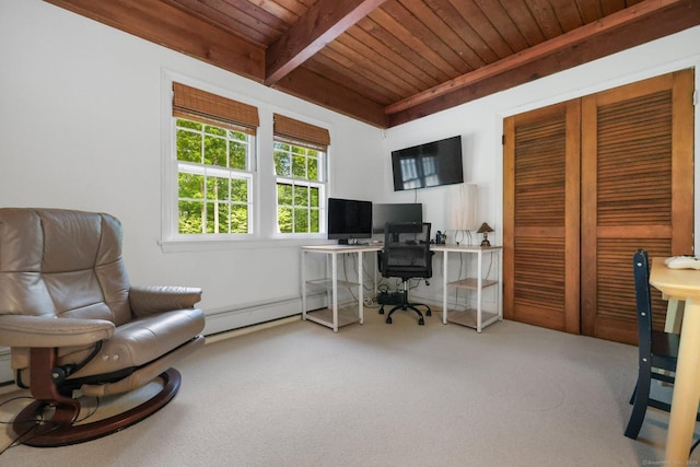 58 Lantern Ridge Rd, New Canaan, CT 06840 - office area with baseboard heating, wooden ceiling with exposed beams, and carpet floors