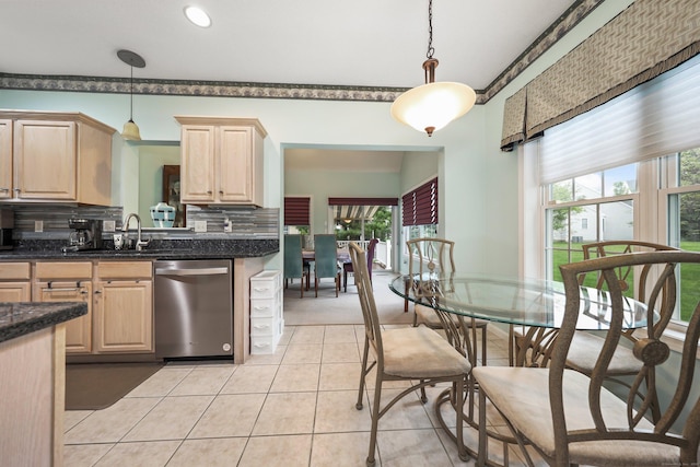 136 Thistle Pond Dr Unit 136, Bloomfield, CT 06002 - kitchen featuring dishwasher, light brown cabinetry, tasteful backsplash, a sink, and recessed lighting