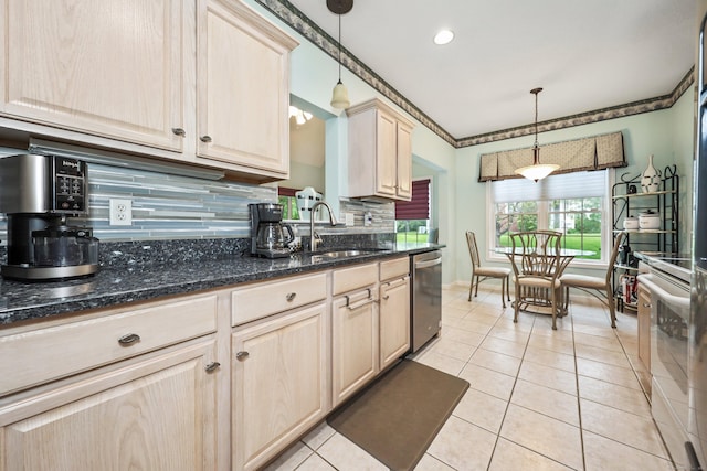 136 Thistle Pond Dr Unit 136, Bloomfield, CT 06002 - kitchen with a sink, stainless steel dishwasher, backsplash, light brown cabinetry, and light tile patterned floors