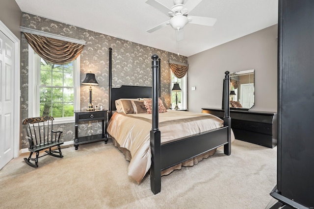 136 Thistle Pond Dr Unit 136, Bloomfield, CT 06002 - bedroom with carpet, wallpapered walls, baseboards, and a ceiling fan