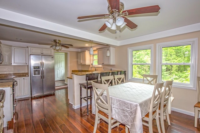 407 Monson Rd, Wilbraham, MA 01095 - dining room featuring dark wood-style flooring, ceiling fan, and recessed lighting
