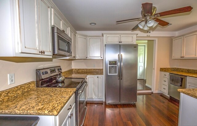 407 Monson Rd, Wilbraham, MA 01095 - kitchen featuring appliances with stainless steel finishes, a ceiling fan, dark wood-style floors, light stone countertops, and recessed lighting