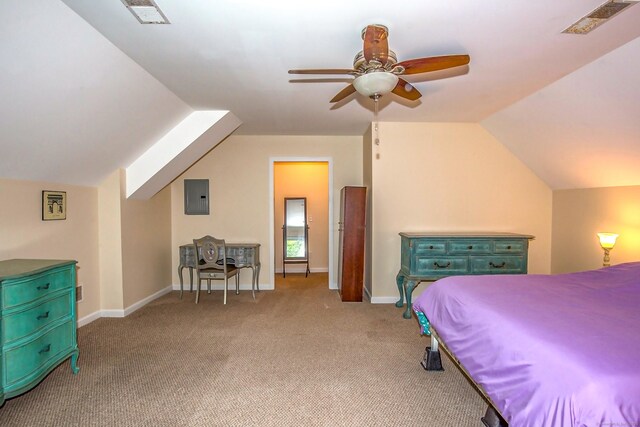 407 Monson Rd, Wilbraham, MA 01095 - carpeted bedroom featuring electric panel, vaulted ceiling, and ceiling fan