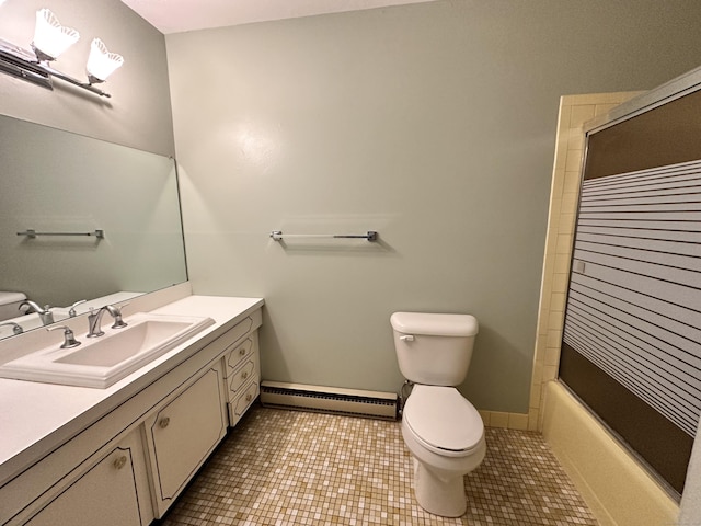 2 Briar Ct Unit 2, Cromwell, CT 06416 - bathroom featuring baseboard heating, toilet, vanity, tile patterned flooring, and enclosed tub / shower combo
