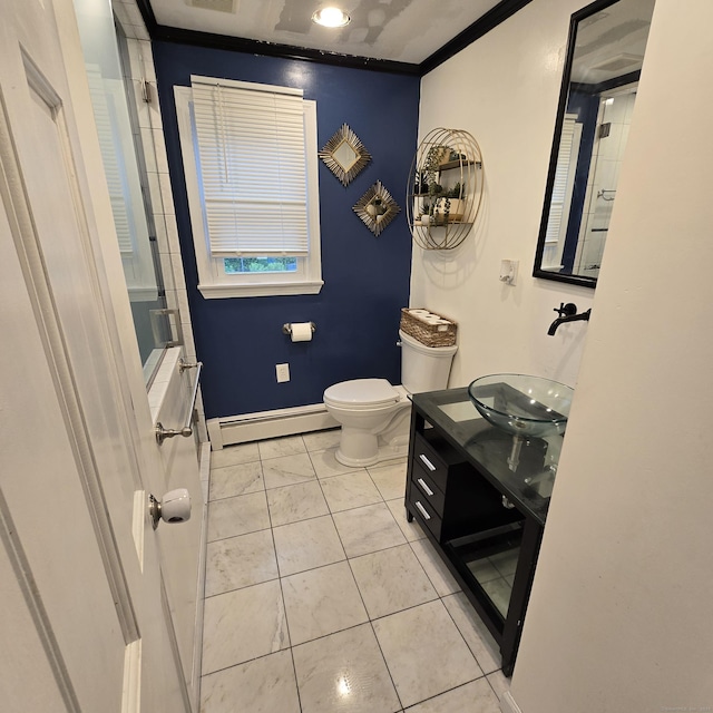 240 Mountain Spring Rd, Tolland, CT 06084 - full bath featuring a baseboard heating unit, toilet, vanity, baseboards, and ornamental molding