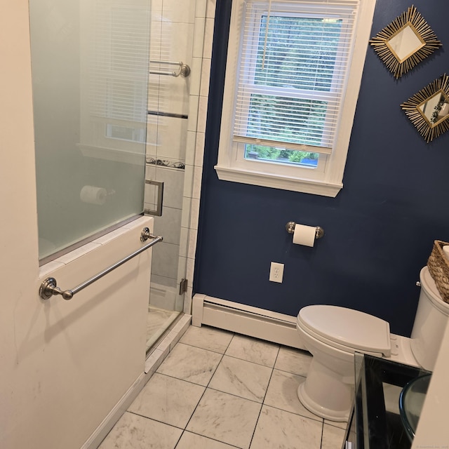 240 Mountain Spring Rd, Tolland, CT 06084 - bathroom with baseboard heating, toilet, a stall shower, vanity, and baseboards