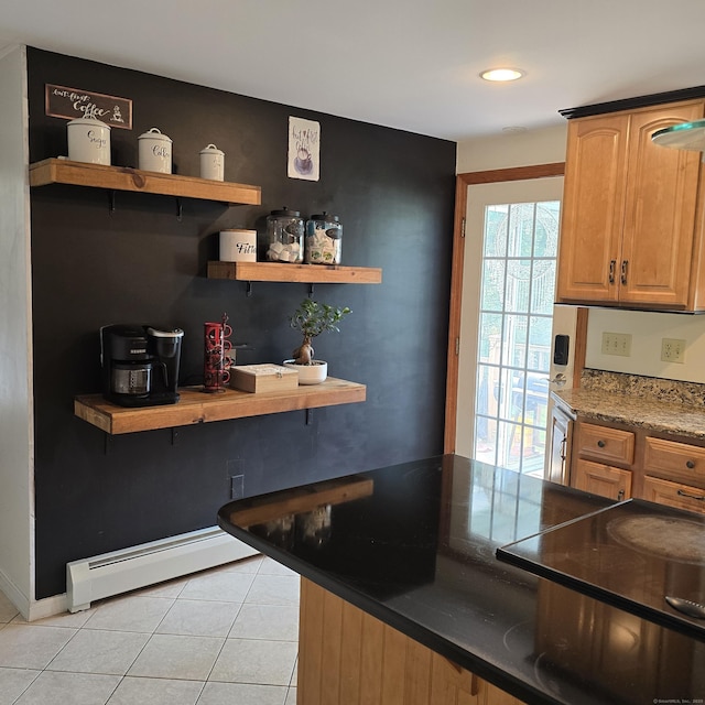 240 Mountain Spring Rd, Tolland, CT 06084 - kitchen featuring baseboard heating, light tile patterned floors, open shelves, and recessed lighting