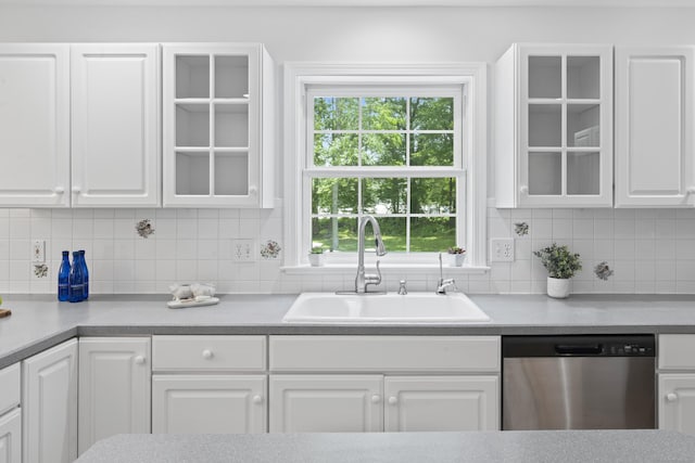 8 Stone Gate Dr, Newtown, CT 06482 - kitchen with stainless steel dishwasher, white cabinetry, and glass insert cabinets