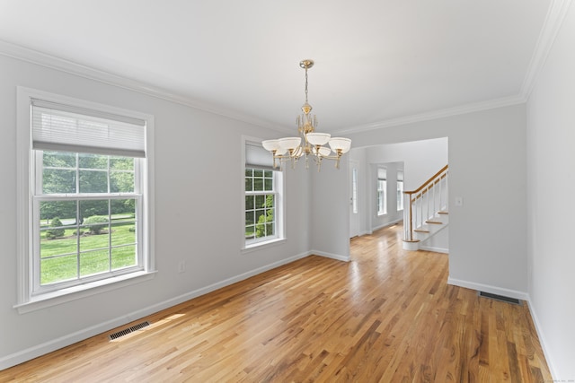 8 Stone Gate Dr, Newtown, CT 06482 - unfurnished room featuring a chandelier, crown molding, light wood-type flooring, and stairway