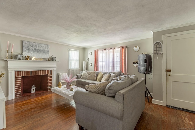47 Yale St, Hartford, CT 06114 - living room with ornamental molding, a textured ceiling, wood finished floors, and a fireplace