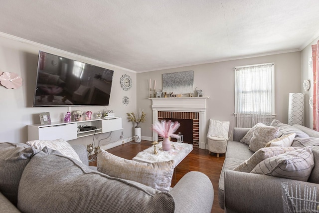 47 Yale St, Hartford, CT 06114 - living room with ornamental molding, wood finished floors, and a brick fireplace