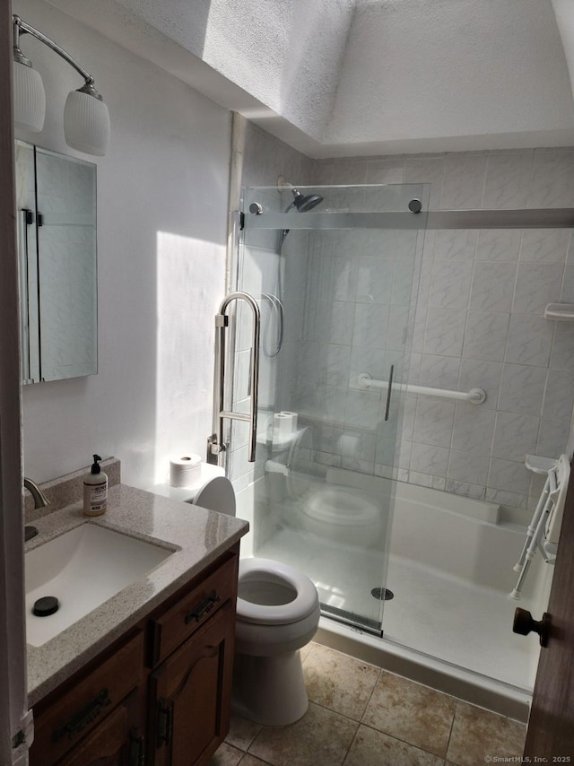 12 Hart Pl, Plainville, CT 06062 - full bathroom with vanity, a stall shower, tile patterned floors, and a textured ceiling