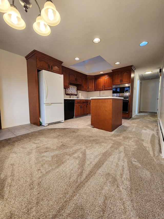 12 Hart Pl, Plainville, CT 06062 - kitchen with black appliances, light colored carpet, light countertops, recessed lighting, and a center island