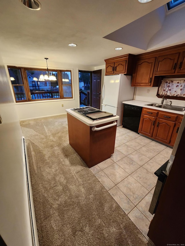 12 Hart Pl, Plainville, CT 06062 - kitchen with black dishwasher, stainless steel electric cooktop, light countertops, light tile patterned floors, and a chandelier