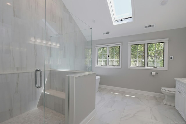 108 Northwood Dr, Easton, CT 06612 - full bathroom with a skylight, vanity, marble finish flooring, a freestanding tub, and a shower stall