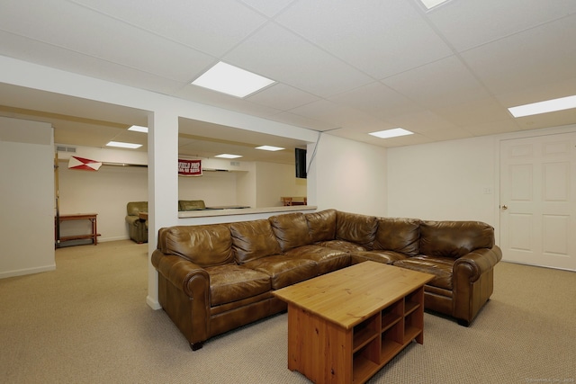 108 Northwood Dr, Easton, CT 06612 - living room featuring light colored carpet, a paneled ceiling, and baseboards