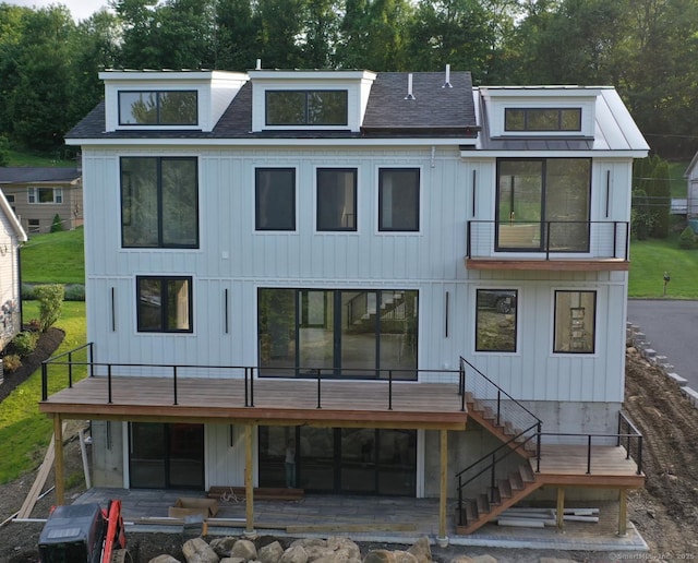 20 N Lake Shore Dr, Brookfield, CT 06804 - rear view of property with a wooden deck, stairs, a shingled roof, and a patio area
