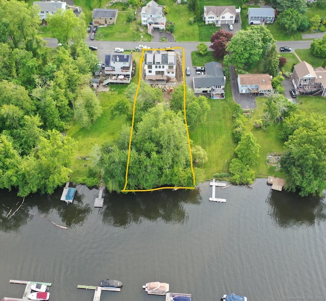 20 N Lake Shore Dr, Brookfield, CT 06804 - aerial view of residential area with property parcel outlined and a nearby body of water