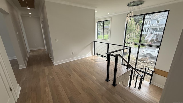 20 N Lake Shore Dr, Brookfield, CT 06804 - hall featuring ornamental molding, baseboards, wood finished floors, an upstairs landing, and recessed lighting