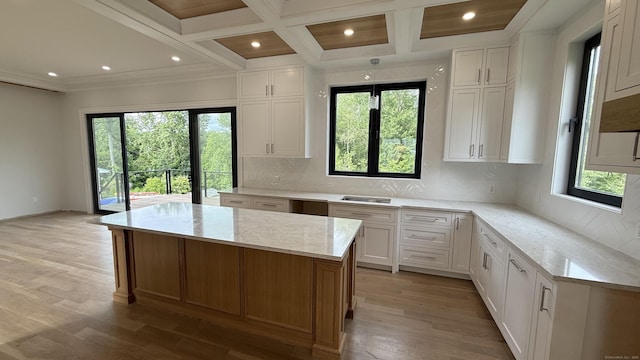 20 N Lake Shore Dr, Brookfield, CT 06804 - kitchen with light wood-style flooring, light stone counters, decorative backsplash, recessed lighting, and coffered ceiling