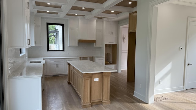 20 N Lake Shore Dr, Brookfield, CT 06804 - kitchen featuring beamed ceiling, light wood-style flooring, coffered ceiling, backsplash, and recessed lighting