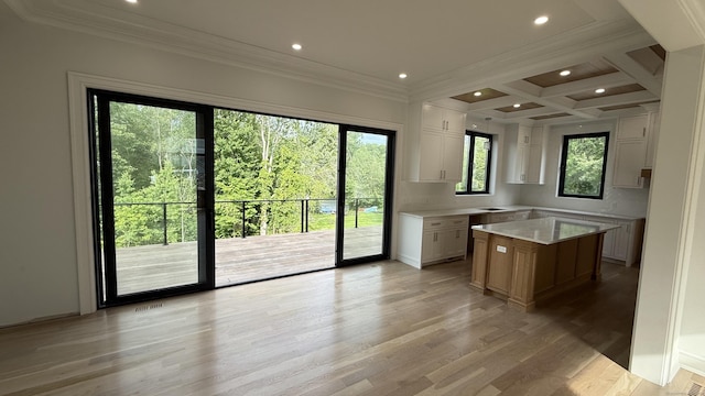 20 N Lake Shore Dr, Brookfield, CT 06804 - kitchen with crown molding, light wood finished floors, a kitchen island, light countertops, and white cabinets
