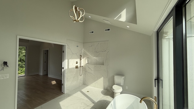 20 N Lake Shore Dr, Brookfield, CT 06804 - full bath with recessed lighting, a marble finish shower, toilet, high vaulted ceiling, and wood finished floors