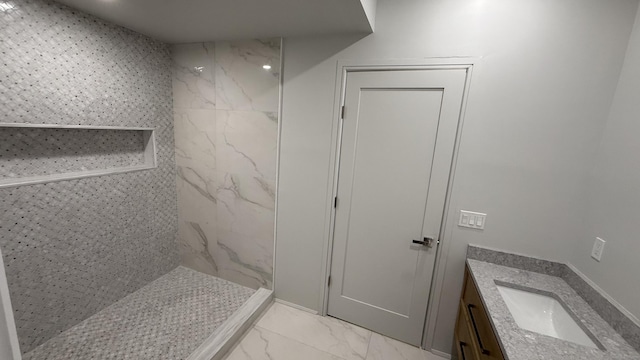 20 N Lake Shore Dr, Brookfield, CT 06804 - bathroom with a marble finish shower, vanity, and marble look tile flooring