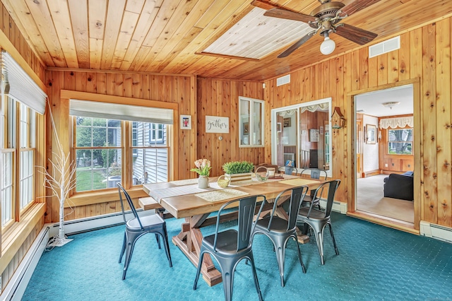 131 Ridgeview Ave, Trumbull, CT 06611 - carpeted dining area featuring wood walls, wooden ceiling, baseboard heating, and ceiling fan