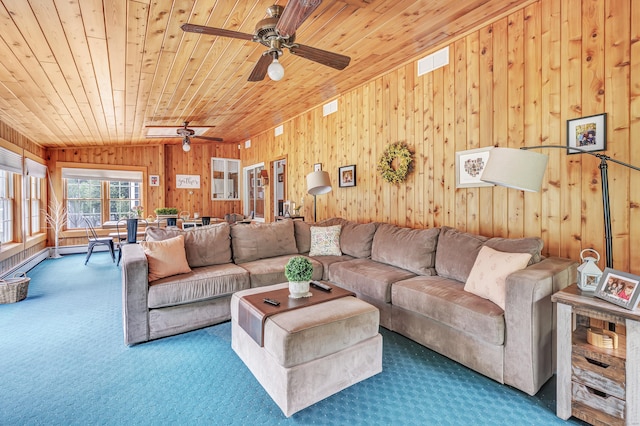 131 Ridgeview Ave, Trumbull, CT 06611 - living room featuring wooden ceiling, carpet floors, wood walls, and a ceiling fan