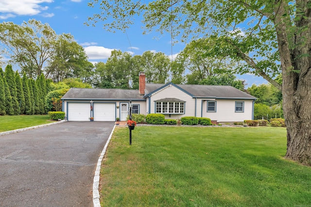 131 Ridgeview Ave, Trumbull, CT 06611 - ranch-style home featuring a garage, driveway, a chimney, and a front yard