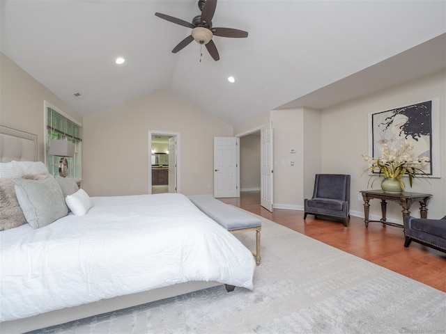 10 Wilton Hls Unit 10, Wilton, CT 06897 - bedroom featuring wood finished floors, vaulted ceiling, recessed lighting, ceiling fan, and ensuite bathroom