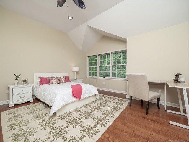 10 Wilton Hls Unit 10, Wilton, CT 06897 - bedroom with wood finished floors, baseboards, an office area, lofted ceiling, and recessed lighting
