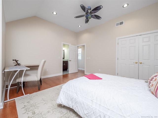 10 Wilton Hls Unit 10, Wilton, CT 06897 - bedroom with wood finished floors, recessed lighting, vaulted ceiling, a closet, and ceiling fan