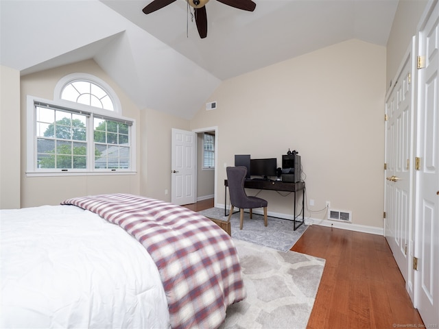 10 Wilton Hls Unit 10, Wilton, CT 06897 - bedroom with lofted ceiling, wood finished floors, a ceiling fan, a desk, and baseboards