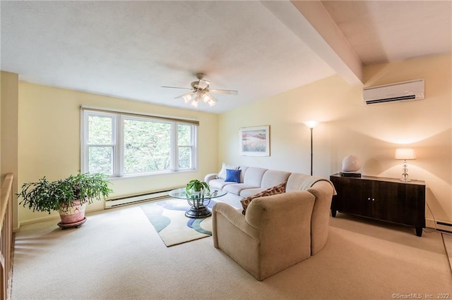 46 Quarry Dock Rd, East Lyme, CT 06357 - carpeted living room featuring a wall mounted AC, a baseboard radiator, ceiling fan, and baseboards