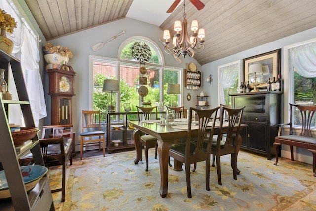 56 Giants Neck Rd, East Lyme, CT 06357 - dining space with lofted ceiling, a ceiling fan, a chandelier, and wooden ceiling